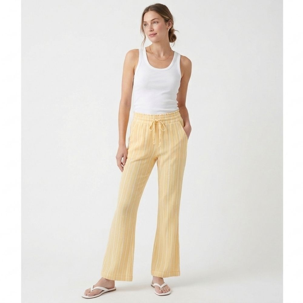 Soft Crinkly Beach Pants Butter Yellow Stretchy Pull On Drawstring Flowy size M - Picture 2 of 12